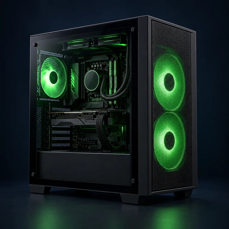 PC Gamer compacto com iluminação verde discreta.