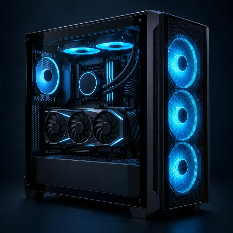 PC Gamer de desempenho intermediário com iluminação azul.