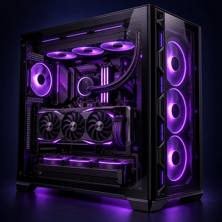 PC Gamer de alto desempenho com iluminação violeta.