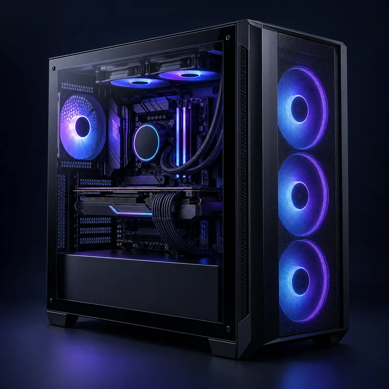Gabinete gamer preto com componentes e iluminação violeta.