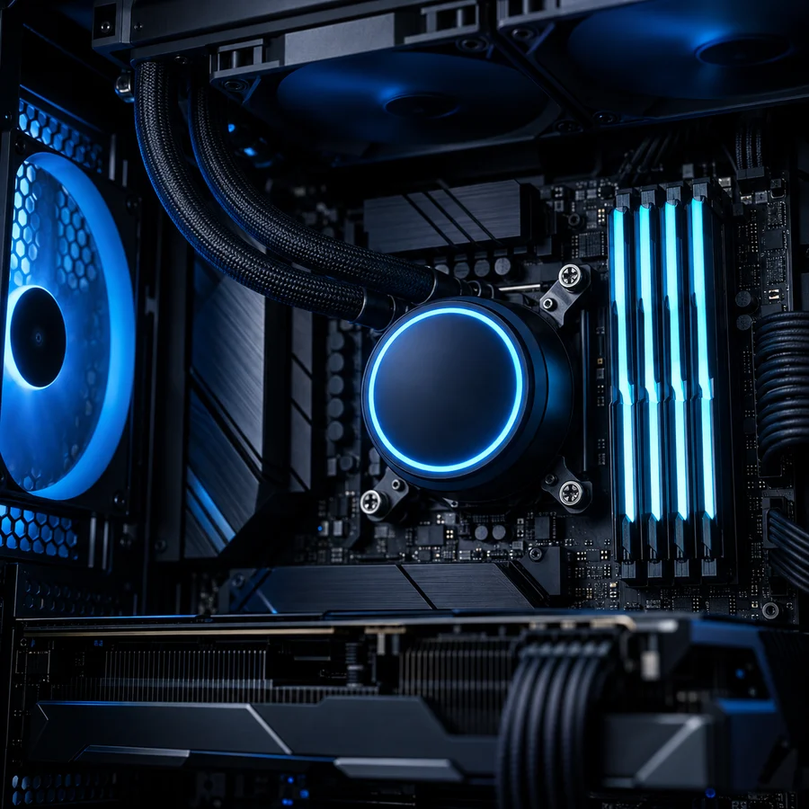 Sistema de refrigeração líquida instalado em um PC gamer com iluminação azul.