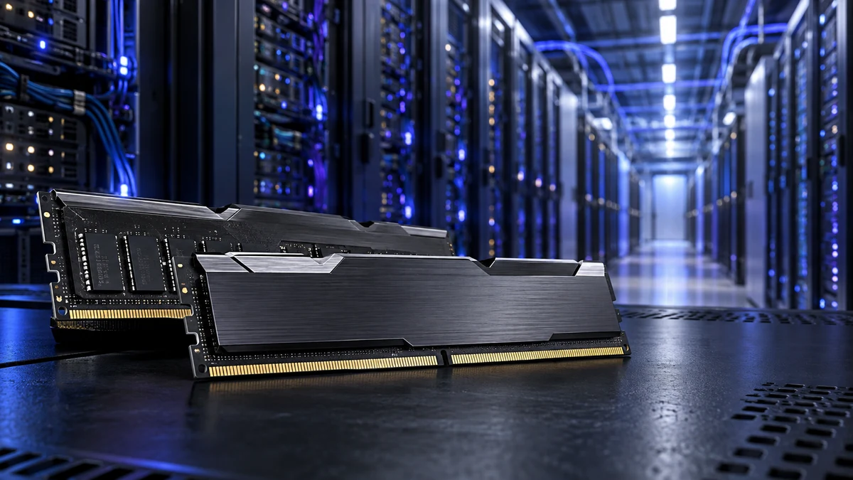 Dois módulos de memória DDR5 em primeiro plano diante de fileiras de servidores iluminadas em azul e roxo.