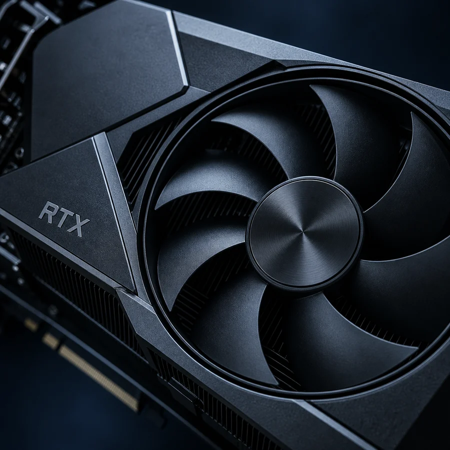 Detalhe da ventoinha e da estrutura de uma placa de vídeo RTX preta.