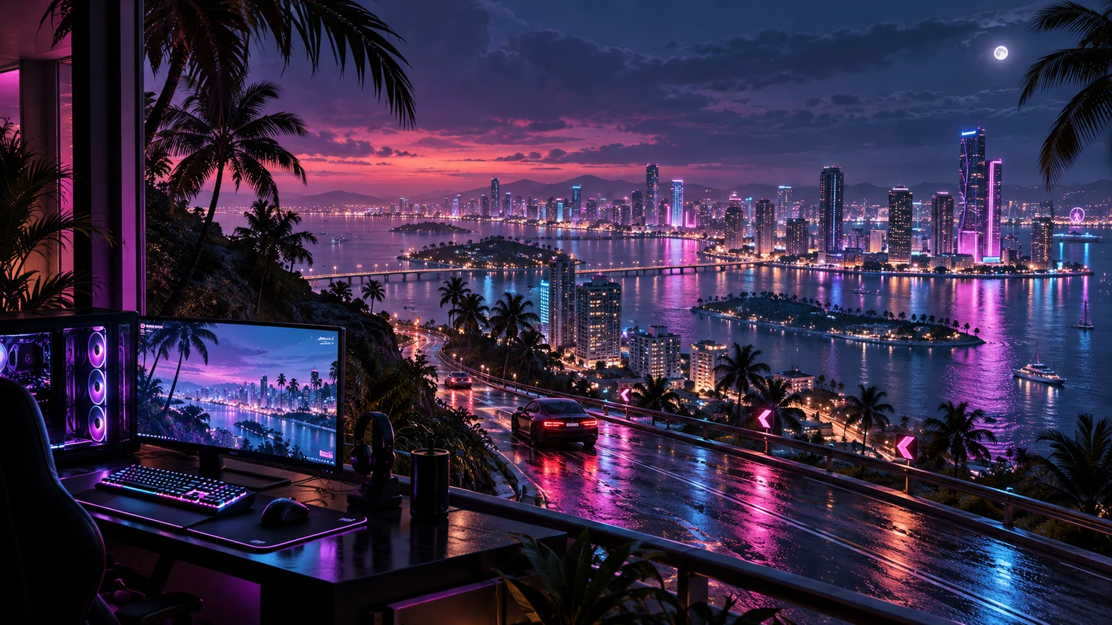 Cidade costeira tropical iluminada por neon ao lado de um computador gamer, em uma composição original.