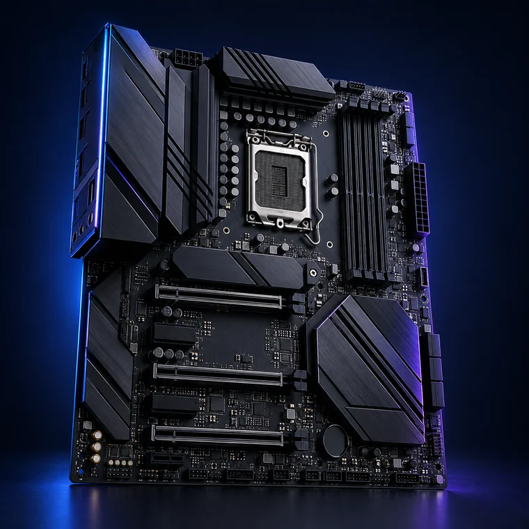 Placa-mãe gamer preta com detalhes em azul e violeta.