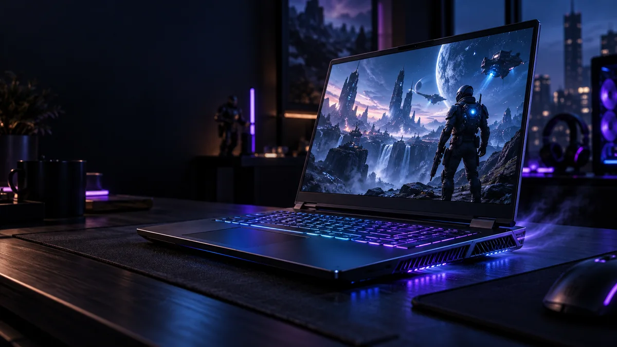 Notebook gamer aberto sobre uma mesa escura, com jogo moderno na tela, teclado iluminado e saídas de refrigeração em azul e roxo.