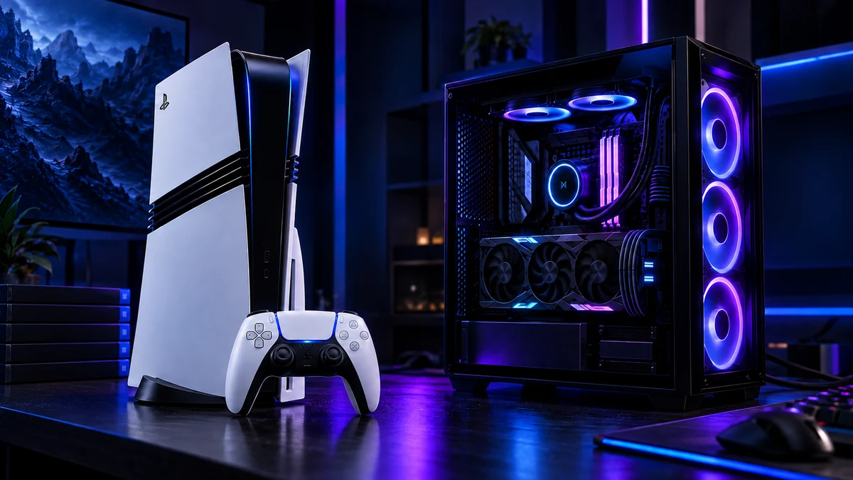 PlayStation 5 Pro com DualSense ao lado de um PC gamer moderno iluminado em azul e roxo.