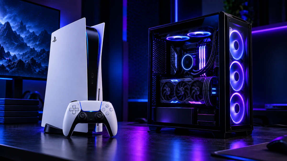 PlayStation 5 branco e controle DualSense ao lado de um PC gamer com iluminação azul e roxa.