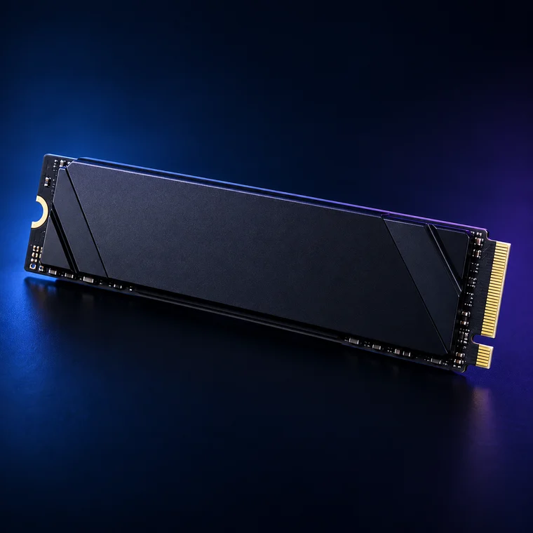 SSD M.2 NVMe preto em fundo escuro.