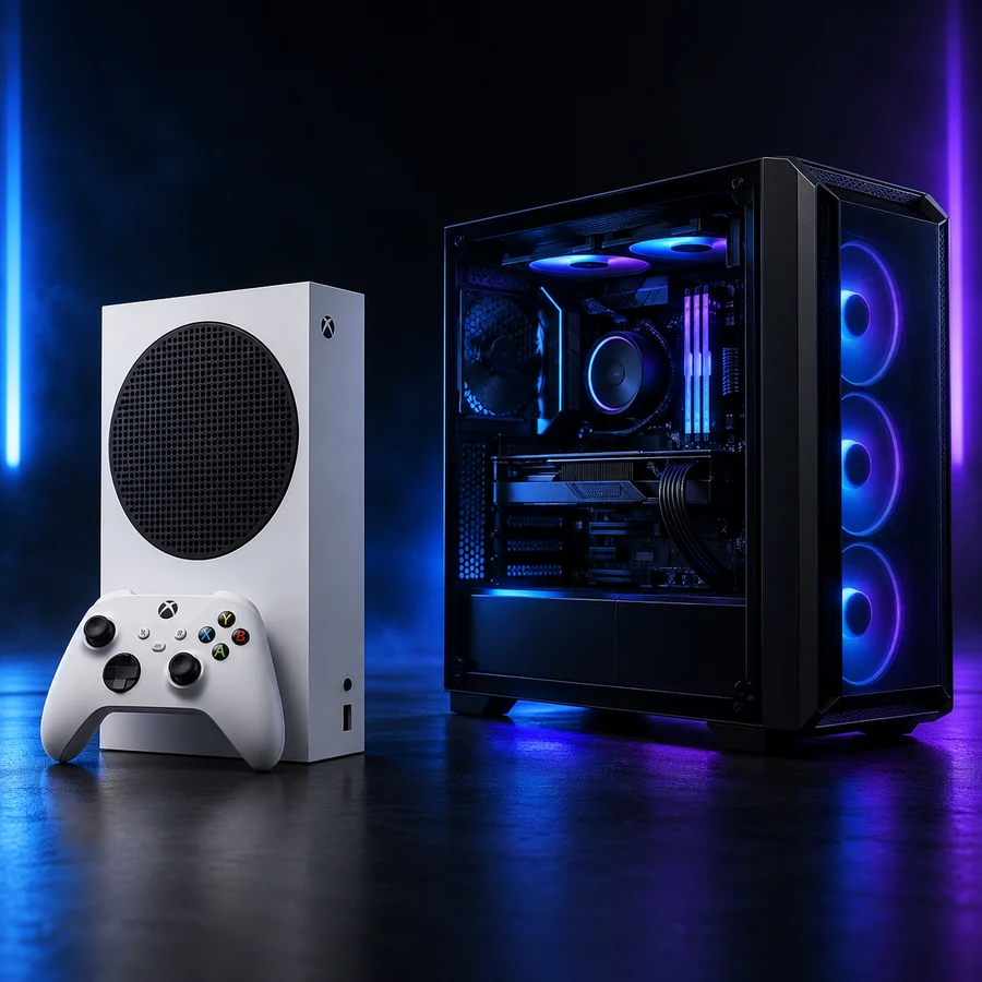 Xbox Series S branco com controle ao lado de um PC gamer com iluminação azul e roxa.