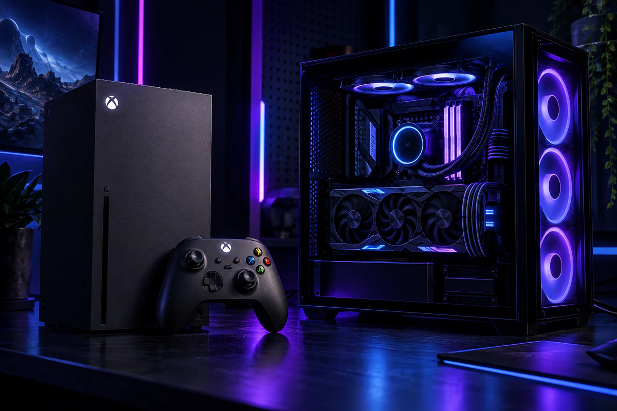 Xbox Series X preto com controle ao lado de um PC gamer com iluminação roxa e azul.